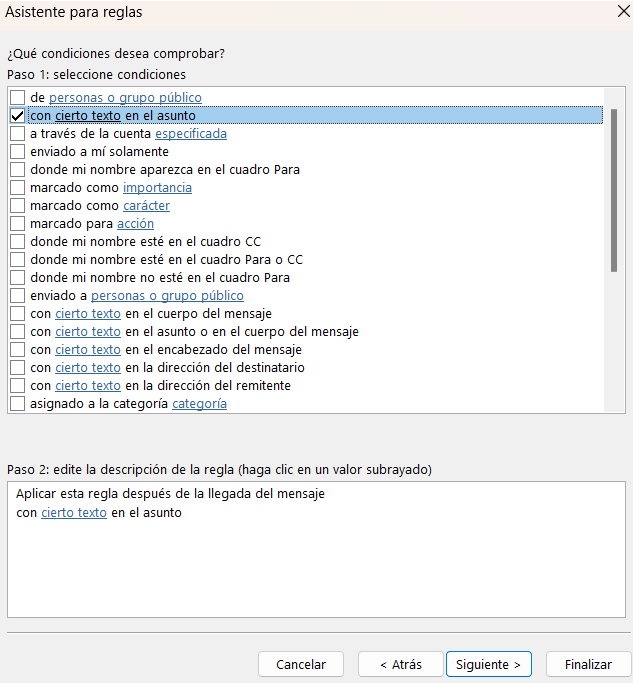 Asistente de reglas de Outlook: elegir una condición Imagen: Asistente de reglas de Outlook: elegir una condición