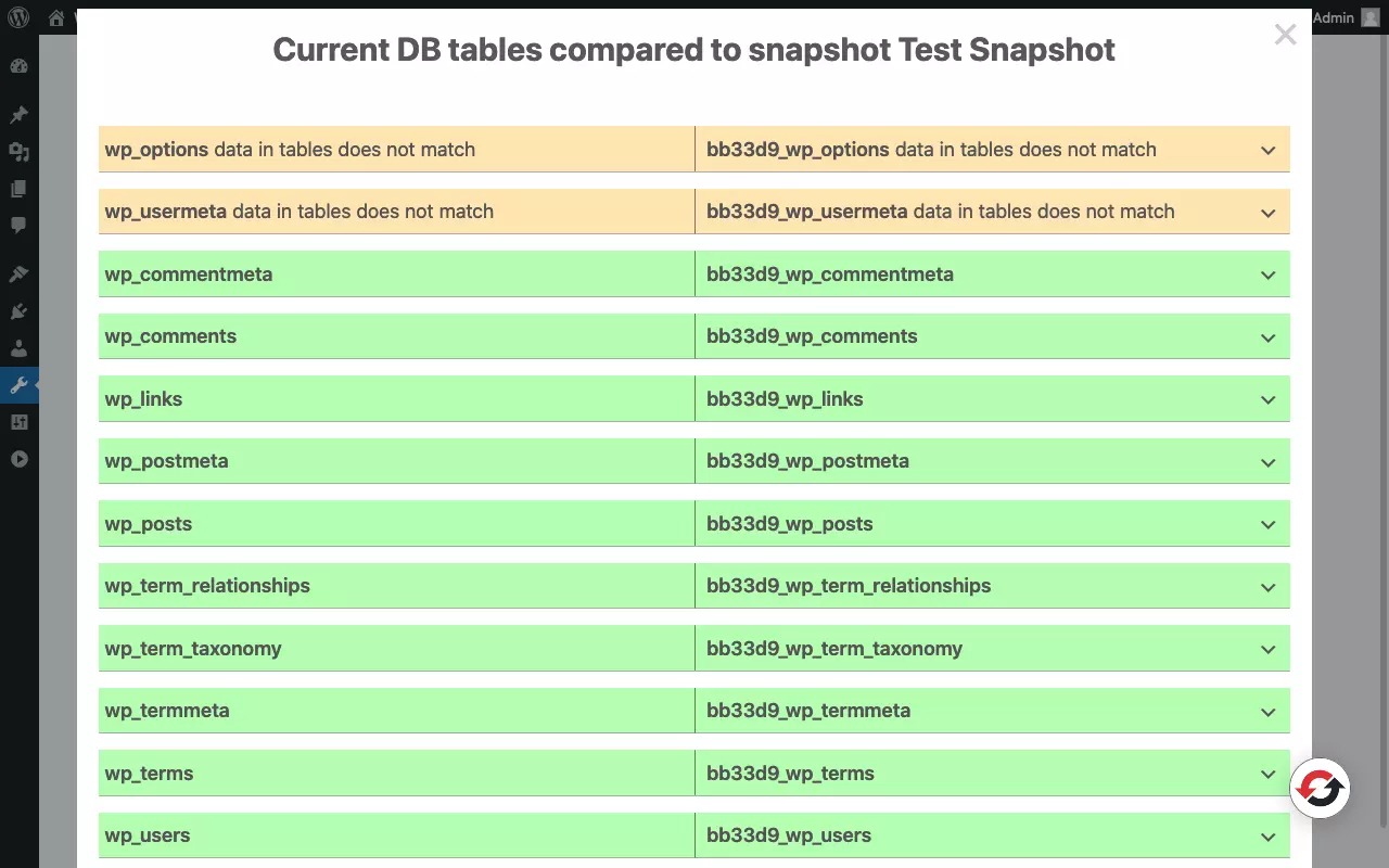 Imagen: Captura de pantalla de la página del snapshot del plugin WP Reset, con la comparación del snaphot